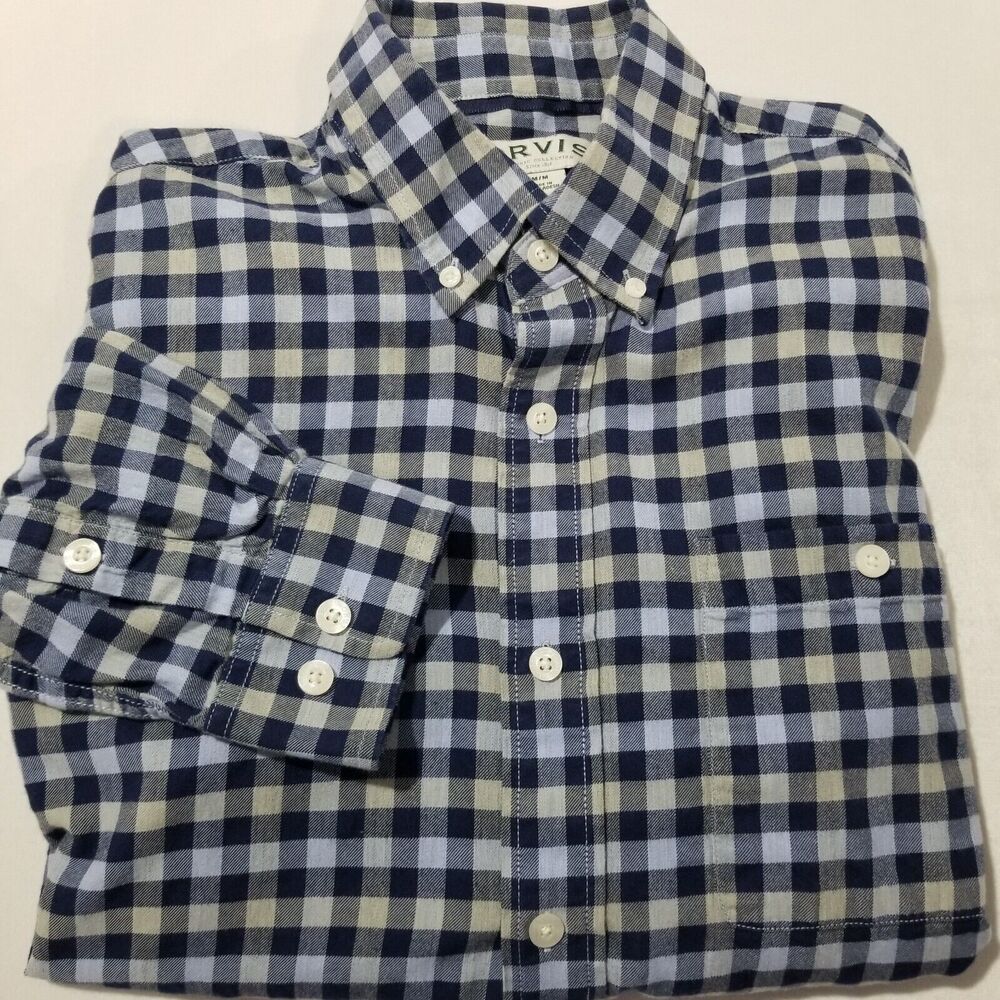 Orvis Shirt Mens Medium Button Down Skyline Check Plaid Blue Flannel 1366082